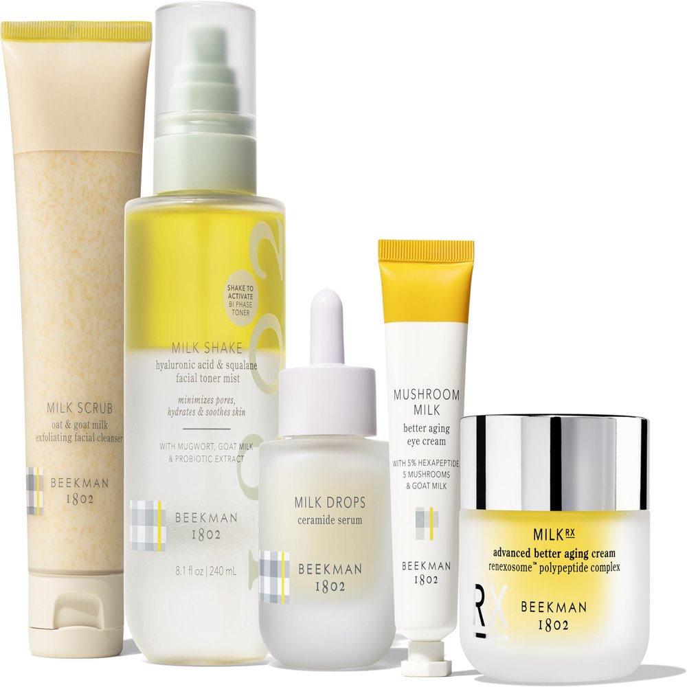 Beekman 1802 Skincare Bestsellers 5-Piece Gift Set  Includes Milk RX Cream, Milk Scrub, Milk Shake, Milk Drops & Mushroom Milk Eye Cream