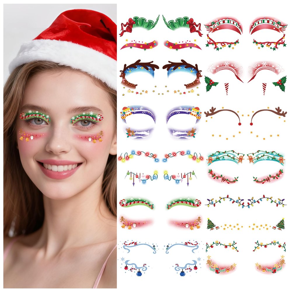 12 Pairs Christmas Eye Shadow Temporary Tattoos Eyeliner Tattoo Stickers Snowflake Santa Claus Pattern Eyeliner Fake Tattoos for Women Men Face Eye Makeup Christmas Decals Party Supplies Decoration