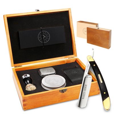 Naked Armor Solomon Straight Razor Kit Complete Shaving Kit with Shave Ready Straight Razors for Men, Strop and Paste, Soap, Brush, Case, Wet Shaving Men Grooming Gift Set, Black