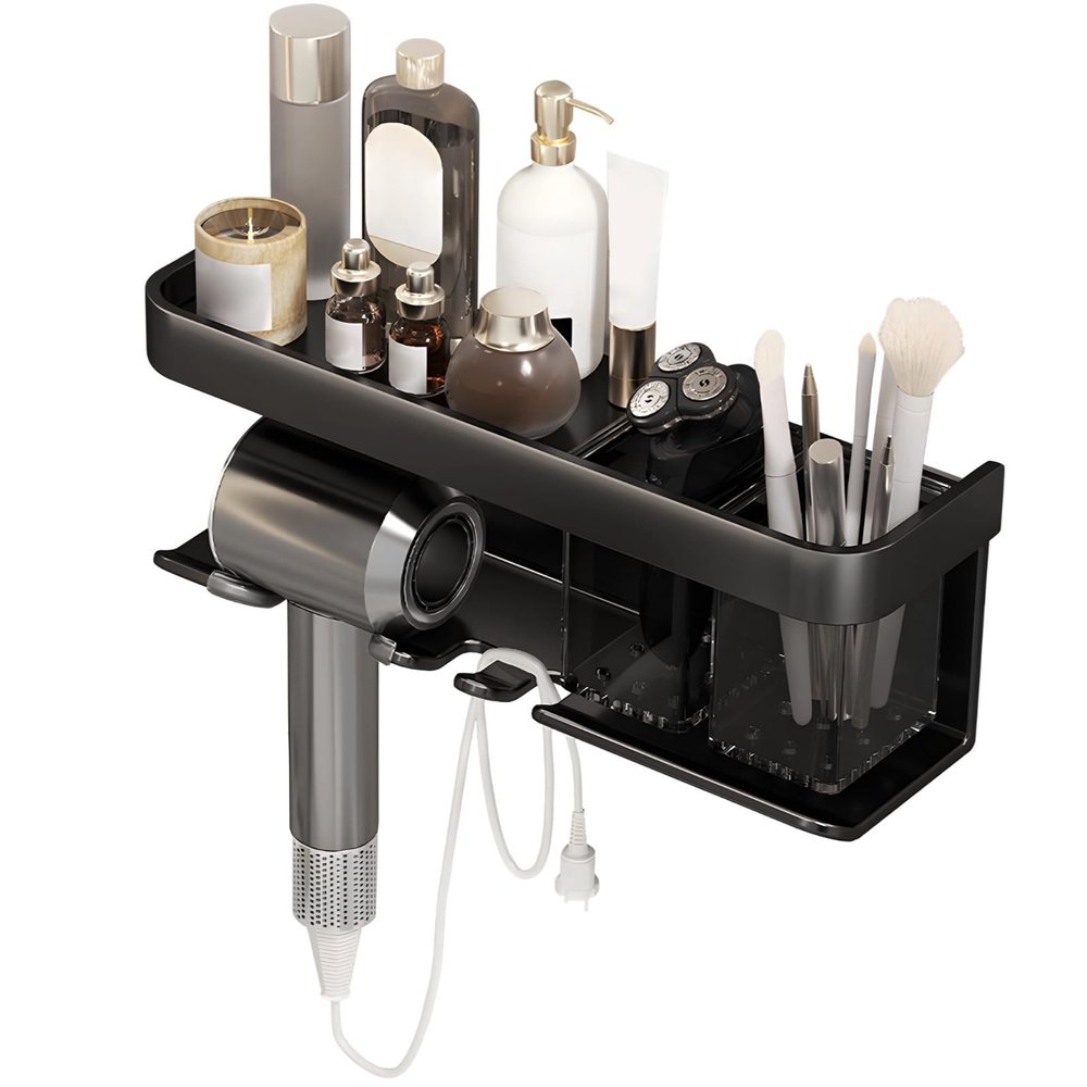 Kronabelle Wall-Mounted Hair Dryer Holder, Dual-Cup Organizer in Sturdy Aluminum Alloy, Multifunctional Black Rack for Bathroom Storage