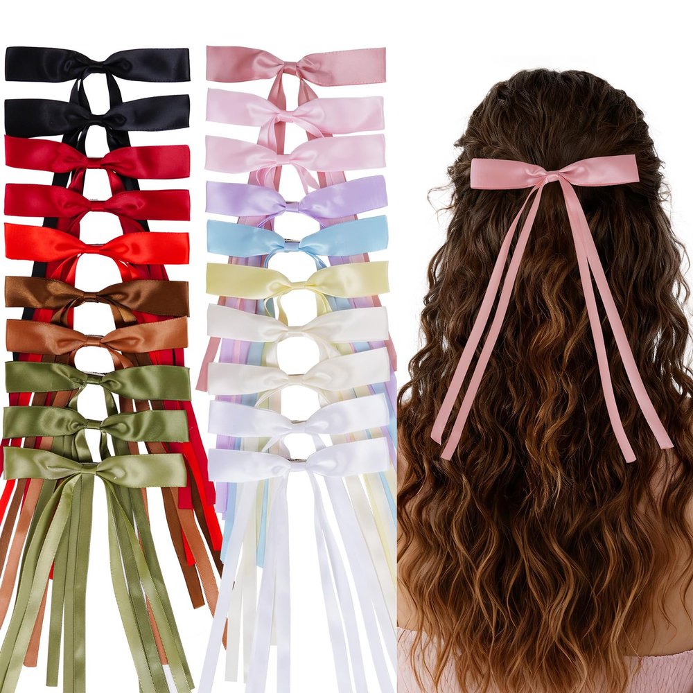 Dfqsofd 20Pcs Hair Bows for Women Girls, Satin Ribbon Bows for Hair Bowknot Barrettes Clips with Long Tail for Women Girls