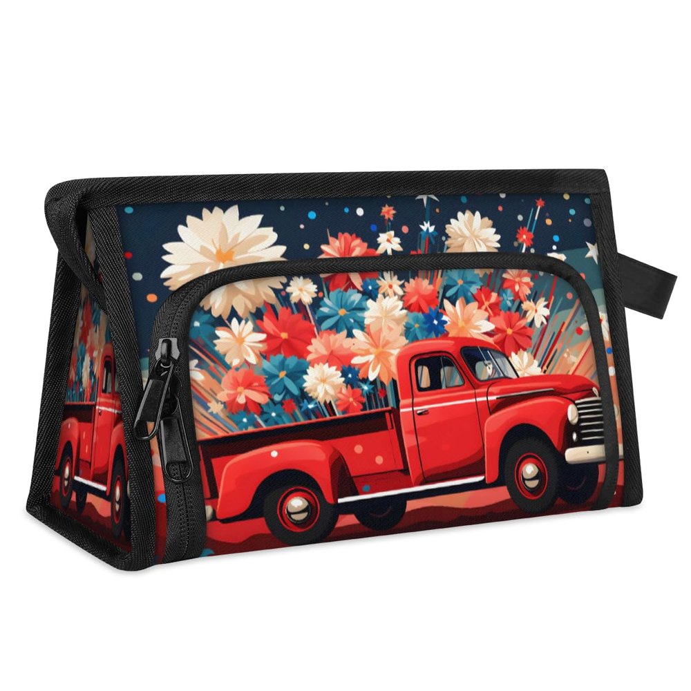 Independence Day Design Makeup Bag Travel Cosmetic Bags Organizer Toiletry Box Large Wide Open Make Up Pouch Compartments with Side Handle for Essentials Toiletries Womens Men Brushes Slot