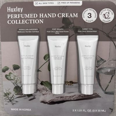Huxley Perfumed Hand Cream Collection, Moroccan Heritage, 3 Scents, Prickly Pear Seed Oil, Non-Sticky Formula, 3 x 1.01 fl. oz, Made in Korea