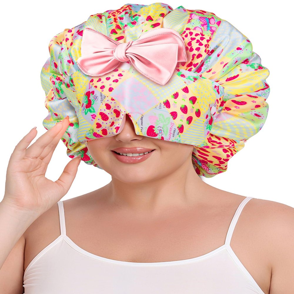 SeSe Code Bonnet with Eye Mask Attached Satin Bonnets with Tie for Sleeping Women Hair Caps Curly Hair Yellow Strawberry