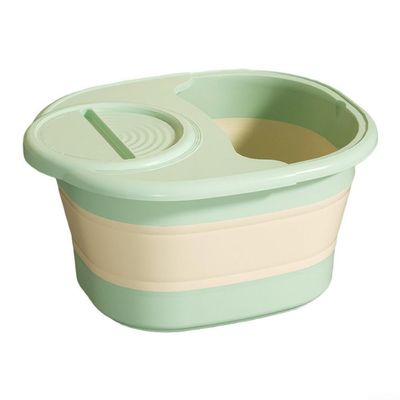 Foldable foot bath bucket made of silicone with retractable design, suitable for foot soaking and scrubbing, easy to clean and store (with cover Green)