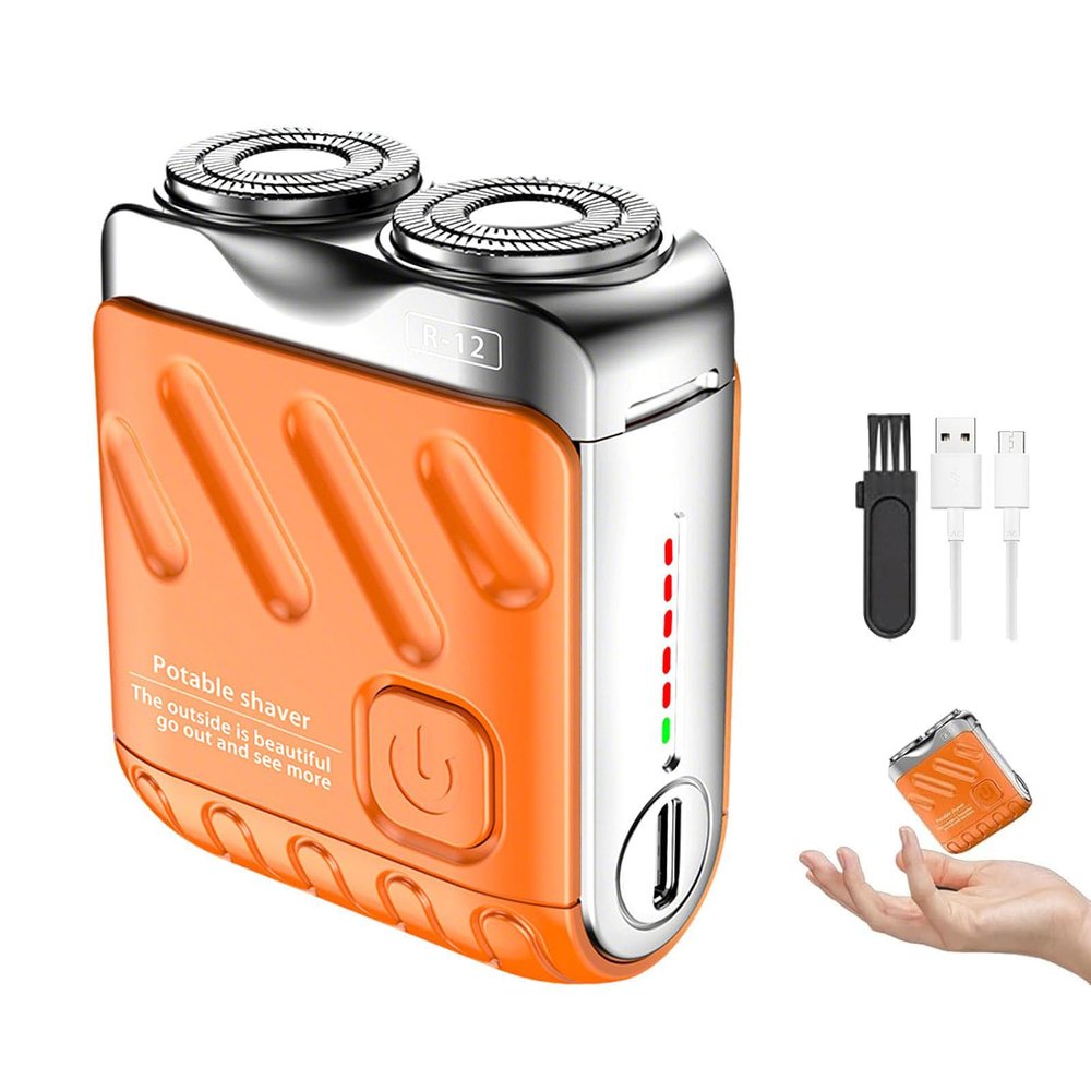 2025 Upgrade Mini Electric Explosive Shaver, Portable Shave Smartly, Rotary Dual Ring Electric Shaver, USB Rechargeable, Waterproof with LED Power Display (Orange)