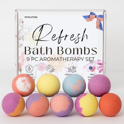 EvolutionUSA Refresh Bath Bombs for Women, 9 Lush Bath Bombs Mini Sized, Luxurious Womens Gift for Mother's Day, Easter, Birthday or Self Care, Relaxing Bathbombs Kids & Womens, Bath Fun