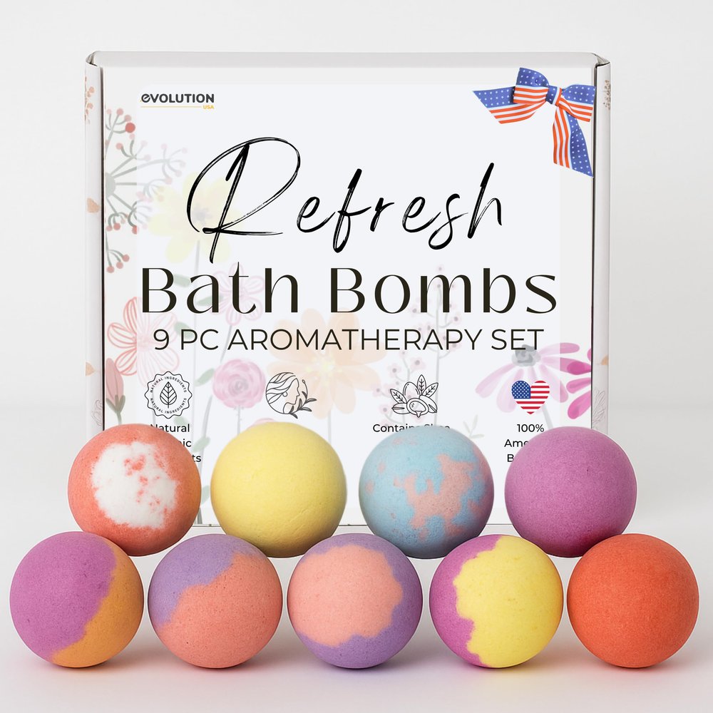 EvolutionUSA Refresh Bath Bombs for Women, 9 Lush Bath Bombs Mini Sized, Luxurious Womens Gift for Mother's Day, Easter, Birthday or Self Care, Relaxing Bathbombs Kids & Womens, Bath Fun