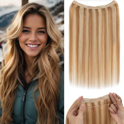 Rich Choices Halo Hair Extensions Real Human Hair Remy Hairs Halo Extension for Women Invisible Wire One Piece Clip in Hairpiece 16 Inch Straight-#12P613 Golden Brown Highlight Bleach Blonde
