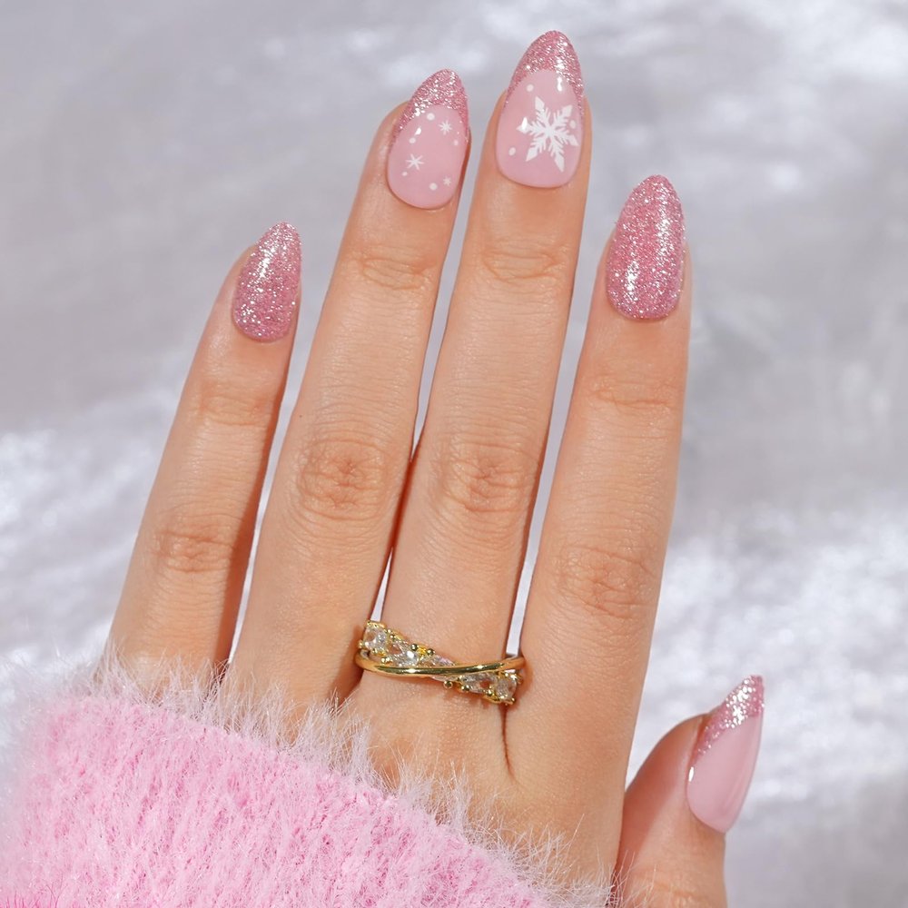 Press On Nails Almond - Jofay Fashion Pink Snowflake Glitter Press On Nails, Glossy Acrylic Fake Nails with Glue for Women, Reusable Winter Glue On Nails in 16 Sizes - 32 Stick On Nails Kit