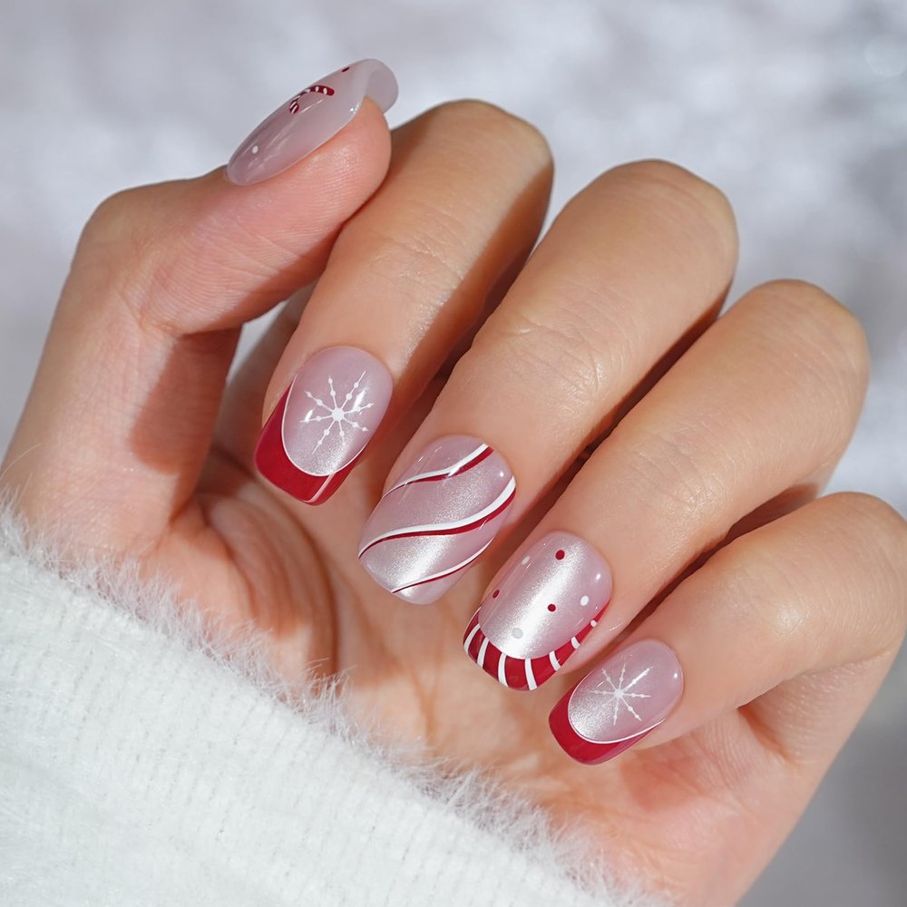 Press On Nails Short - Jofay Fashion Cat Eye Press On Nails Square, Red Candy Cane Fake Nails with Glue, Glossy Reusable Acrylic Nail Tips in 16 Sizes, Christmas Stick On Nails for Women Girls Gift