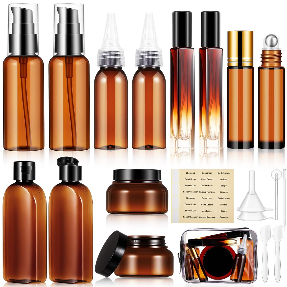21 Pcs Amber Plastic Travel Toiletry Bottles Set, TSA Approved Travel Containers, Leak Proof Containers with Refillable Squeeze Bottle, Roller Balls, Pump sprayer, Perfume Atomizer, Labels & Funnel