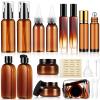 21 Pcs Amber Plastic Travel Toiletry Bottles Set, TSA Approved Travel Containers, Leak Proof Containers with Refillable Squeeze Bottle, Roller Balls, Pump sprayer, Perfume Atomizer, Labels & Funnel view 1