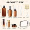 21 Pcs Amber Plastic Travel Toiletry Bottles Set, TSA Approved Travel Containers, Leak Proof Containers with Refillable Squeeze Bottle, Roller Balls, Pump sprayer, Perfume Atomizer, Labels & Funnel view 2