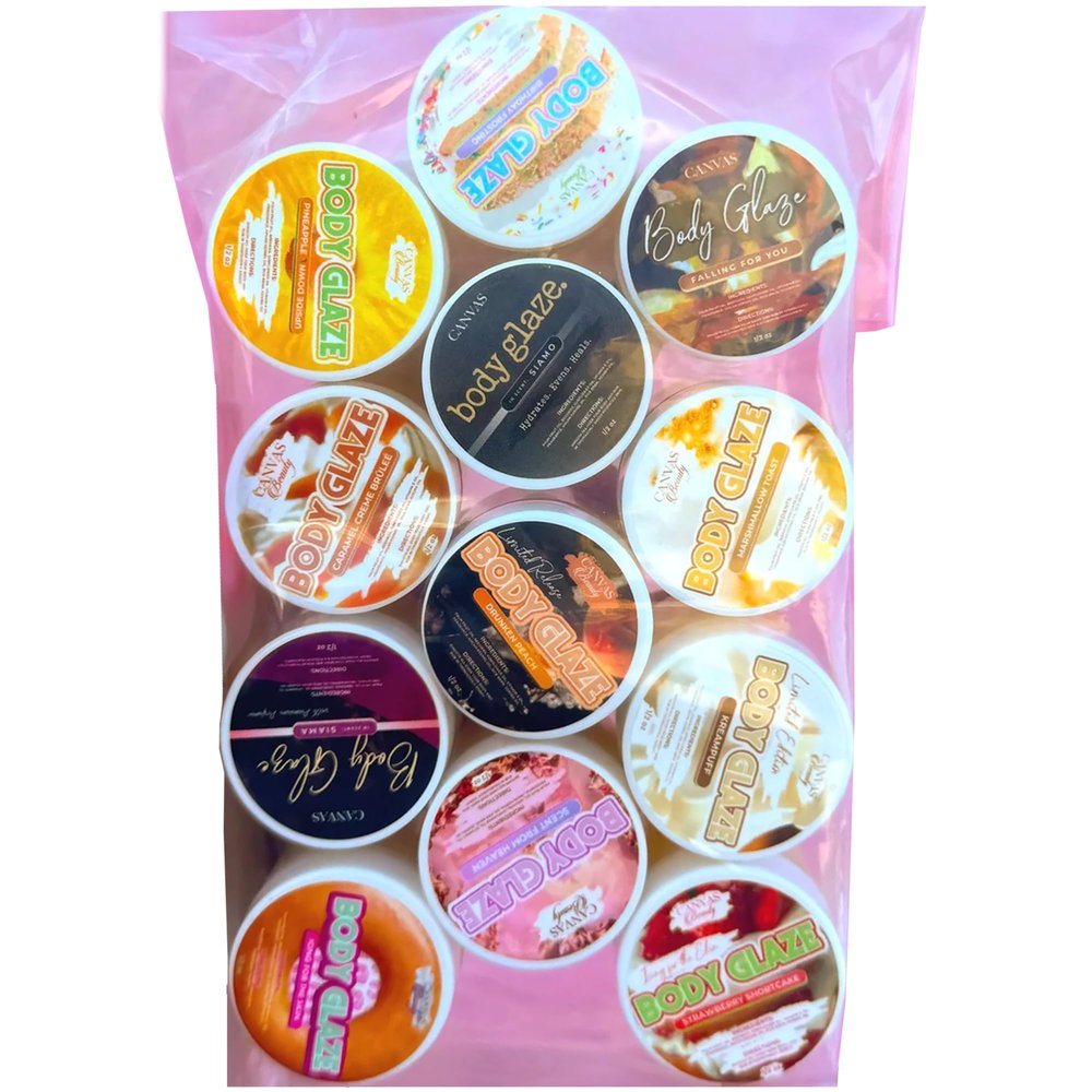 Canvas Beauty Body Glaze Classic Sample Pack, Set of 12 Unique Scents (0.5 oz Each) - Moisturizing Body Butter for Women With Beeswax, Jojoba Oil, and Rice Bran for Soft and Glowy Skin