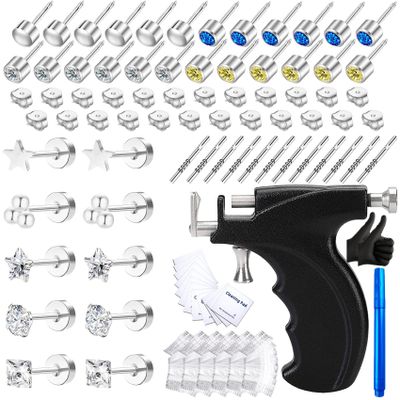 Zygc Professional Ear Piercing Kit with 17 Pairs of Silver CZ Stones Ear Studs Earrings with Multi-Purpose Black Ear Piercing Gun with 8 Cleaning Pads for Salon and Home Use