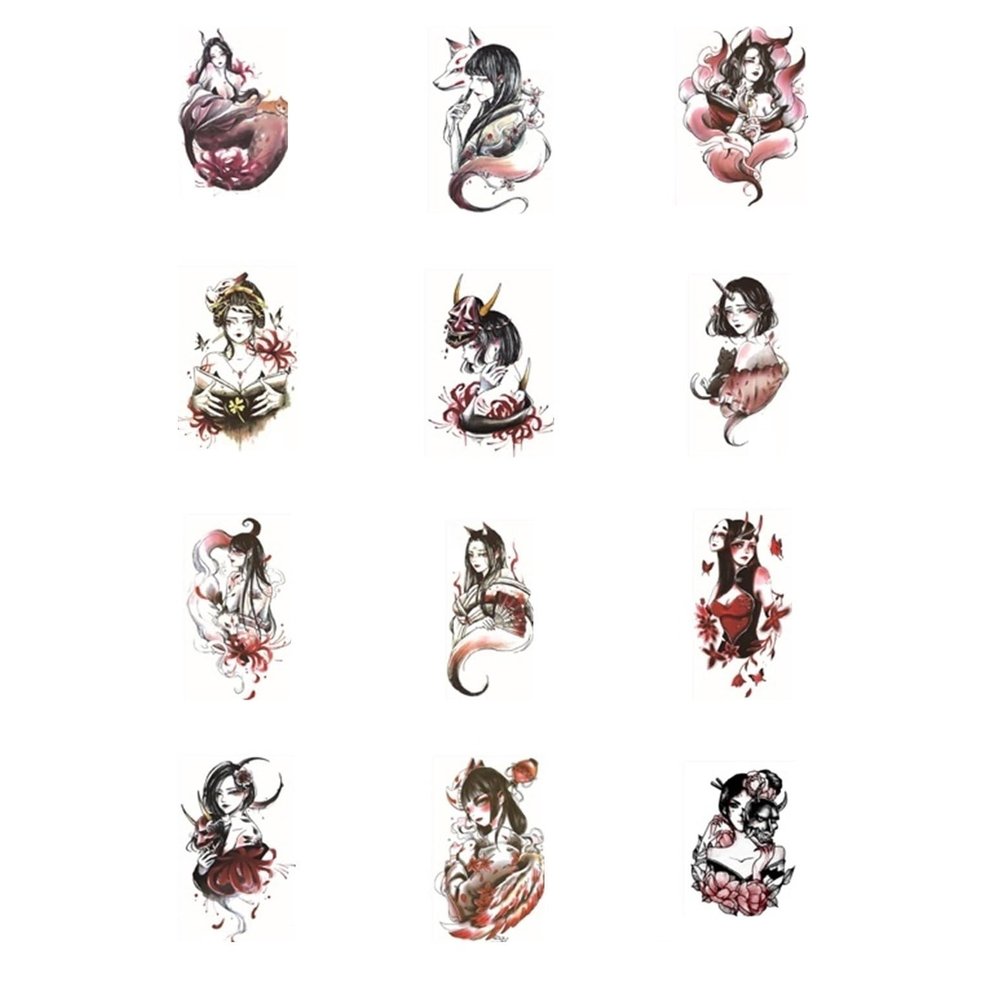12pcs Geisha Japanese Style Colorful Arm Temporary Tattoo Sticker For Men And Women, Waterproof And Long-lasting Stickers, Fake Tattoos