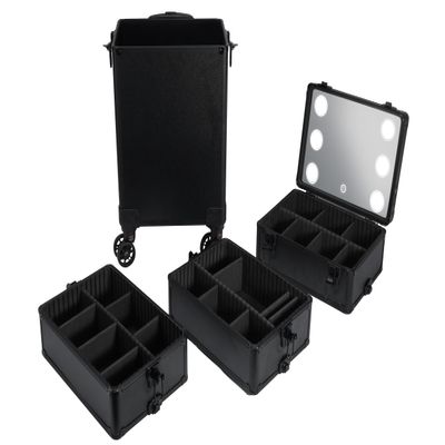 Black Professional Makeup Case Aluminum Cosmetic Case Rolling Makeup Case Trolley Makeup Travel Organizer, with Wheels, Nail Artist Salon Storage Traveling Cart