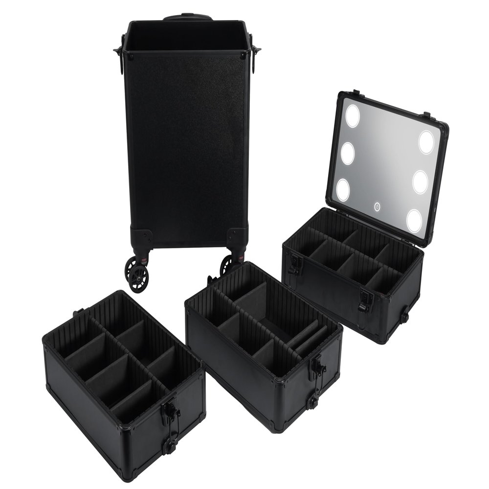 Black Professional Makeup Case Aluminum Cosmetic Case Rolling Makeup Case Trolley Makeup Travel Organizer, with Wheels, Nail Artist Salon Storage Traveling Cart