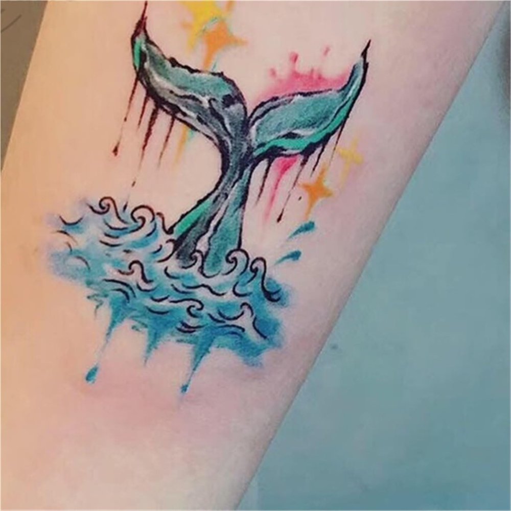 2pcs Watercolor Style Ocean Wave Whale Tail Temporary Tattoo For Men And Women, Waterproof And Long-lasting Stickers, Fake Tattoos