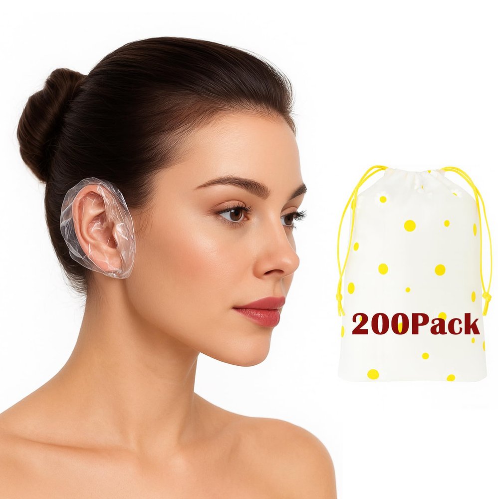 200 Pack Disposable Waterproof Ear Covers for Shower & Hair Dye  Clear Plastic Ear Caps with Soft Elastic, One Size for Adults, with Drawstring Storage Pouch for Neat, Travel-Ready Carry