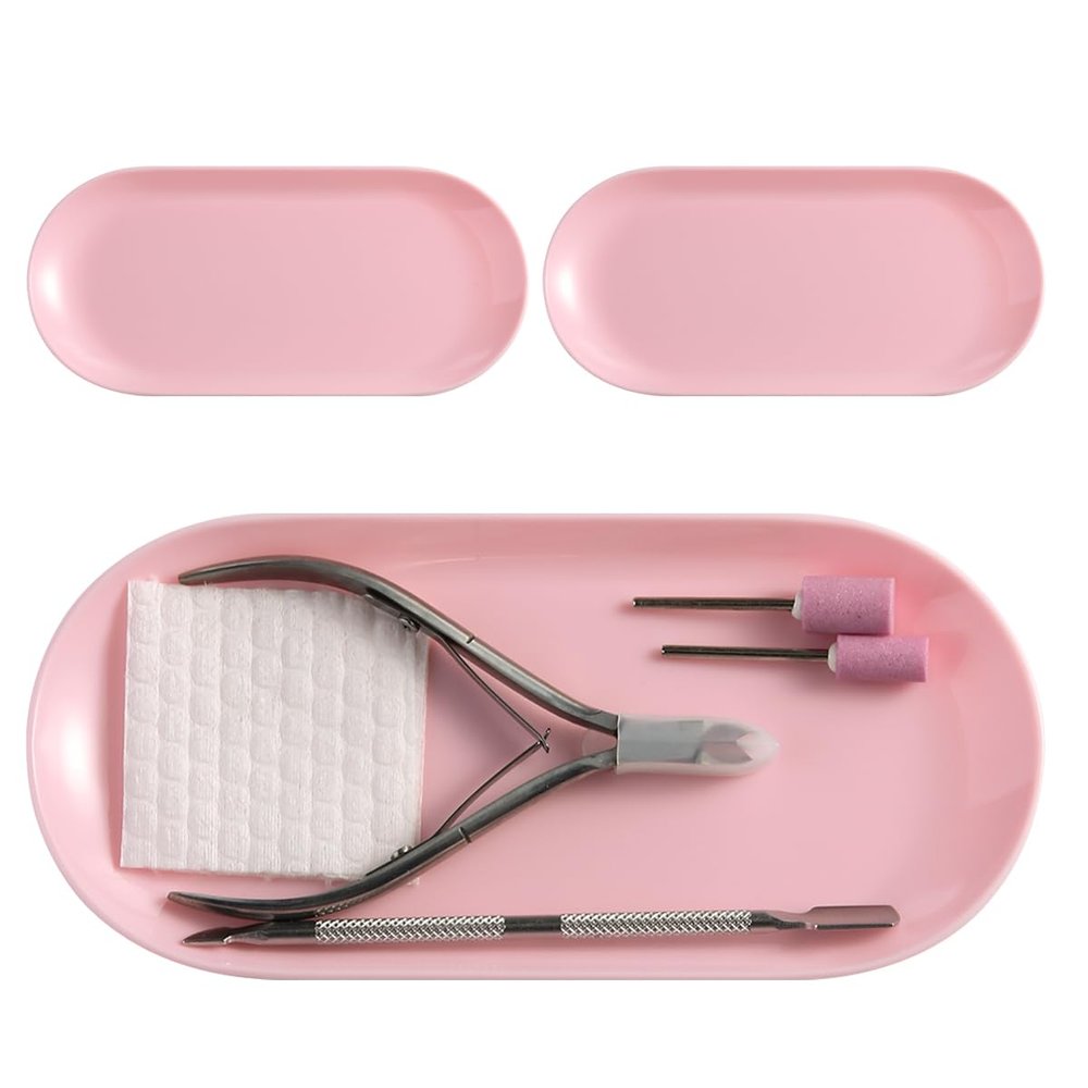 3Pcs Manicure Tools Storage Tray, Oval Plastic Storage Dish Nail Art Accessory Display Trays, Jewelry Rhinestone Organizer Plate, Makeup Cosmetic Nail Decorations Storages PlatePink