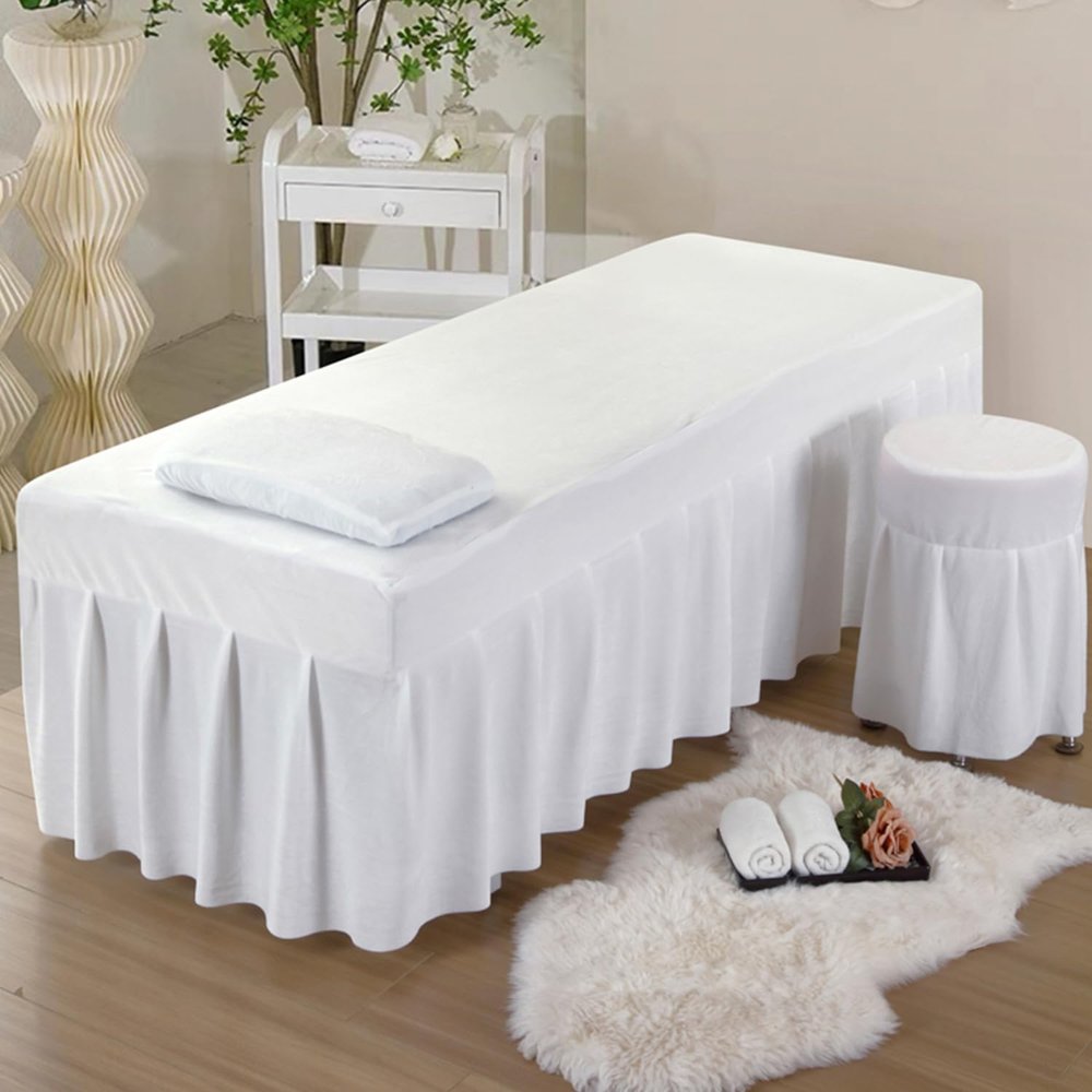LDLCYCN White,70x190cm(T), Massage Bed Cover with Face Hole Massage Table Bed Skirt Beauty Massage Spa Couch Cover with Skirt All-Round Wrap Bed Skirt for Treatment Couch Massage Table Washable