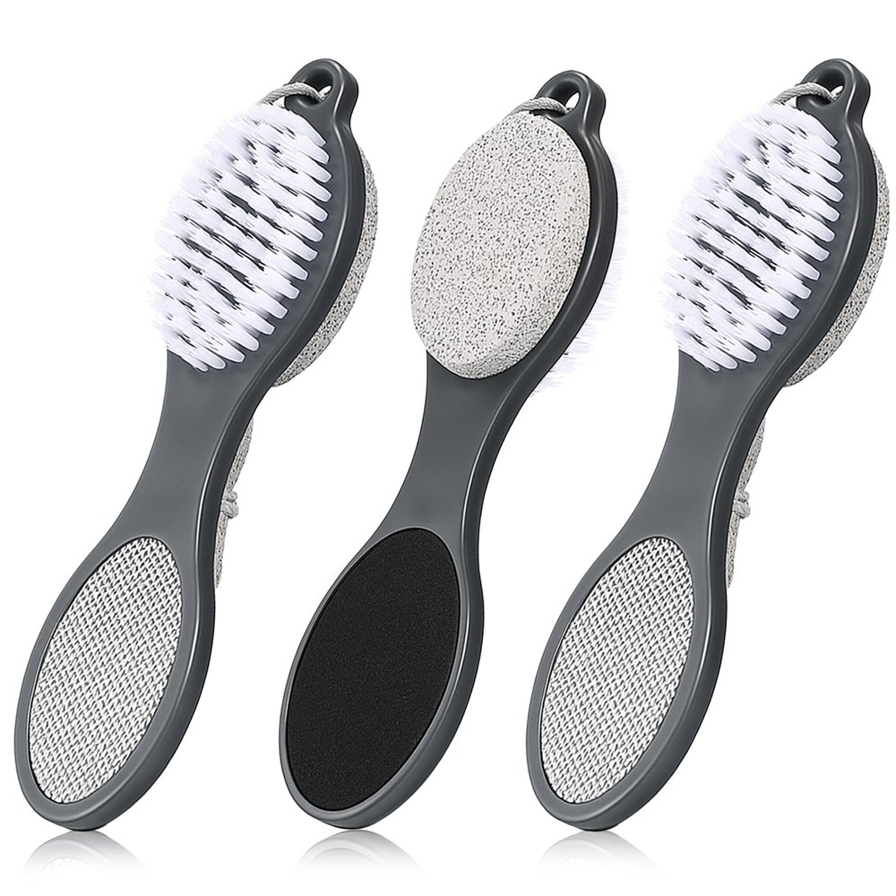 3pcs 4 in 1 Foot Brush Feet Brush Scrubber for Use in Shower with Pumice Stone Foots Rasp and Sandpaper Dead Skin Remover for Home Feet Care (Grey Pedicure Foots File)