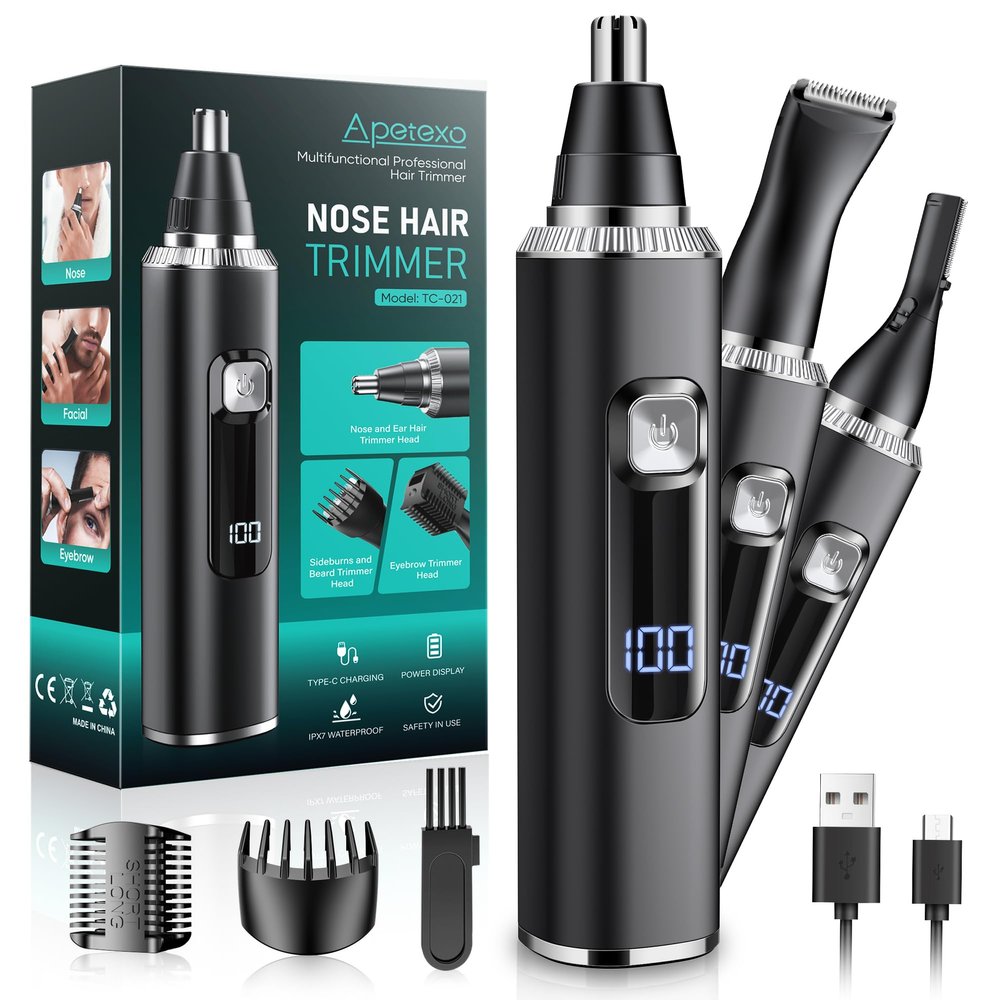 Apetexo Nose & Ear Hair Trimmer, Type-C Rechargeable Precision Groomer for Men & Women, Painless Double-Edged Blades, IPX7 Waterproof & Easy to Clean for Nose, Ears, and Facial Hair