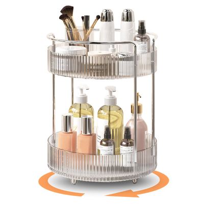 360 Rotating Makeup Organizer for Vanity, Skincare Perfume Organizers and Storage for Bathroom Countertop, Clear Makeup Brush Holder Lazy Susan for Counter (Transparent, 2 Tier)