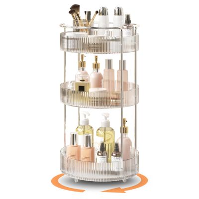 360 Rotating Makeup Organizer for Vanity, Skincare Perfume Organizers and Storage for Bathroom Countertop, Clear Makeup Brush Holder Lazy Susan for Counter (Transparent, 3 Tier)