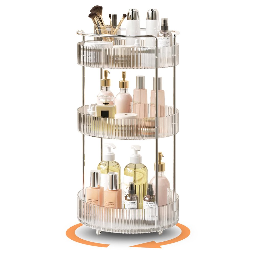 360 Rotating Makeup Organizer for Vanity, Skincare Perfume Organizers and Storage for Bathroom Countertop, Clear Makeup Brush Holder Lazy Susan for Counter (Transparent, 3 Tier)