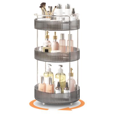 360 Rotating Makeup Organizer for Vanity, Skincare Perfume Organizers and Storage for Bathroom Countertop, Makeup Brush Holder Lazy Susan for Counter (Grey, 3 Tier)