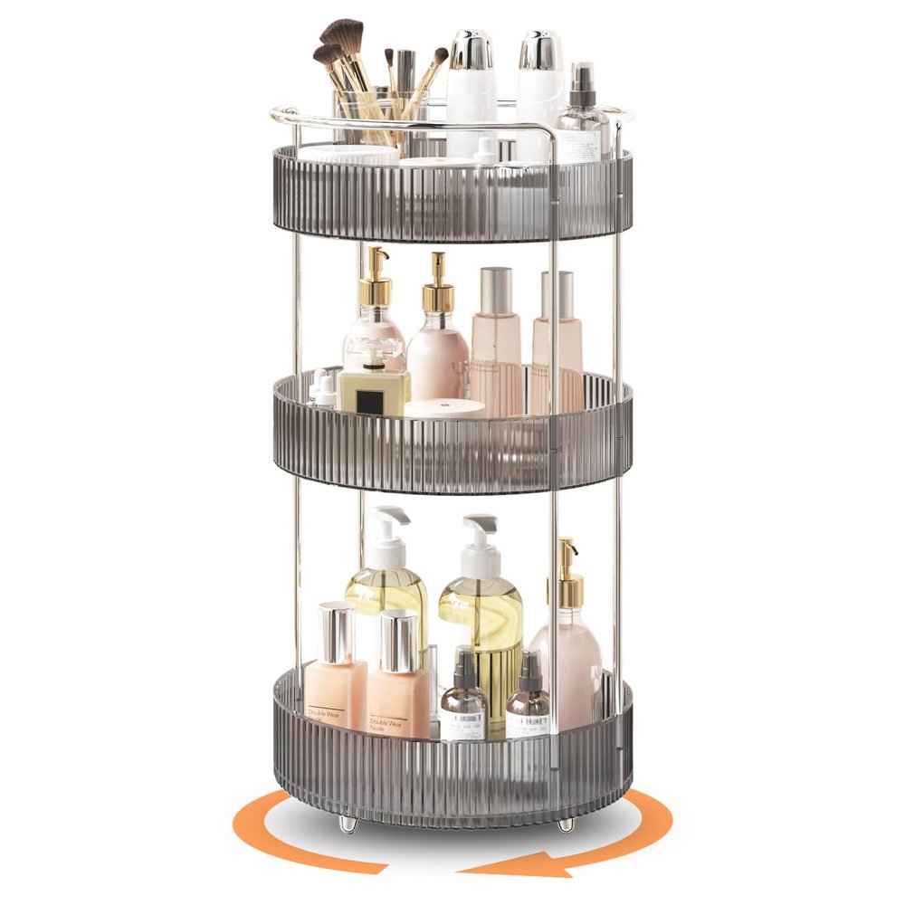 360 Rotating Makeup Organizer for Vanity, Skincare Perfume Organizers and Storage for Bathroom Countertop, Makeup Brush Holder Lazy Susan for Counter (Grey, 3 Tier)