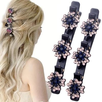 2 Pcs Sparkling Crystal Stone Braided Hair Clips, 2025 New Satin Fabric Hair Bands Rhinestone Four-Leaf Clover Hair Clip,Duck Bill Clips for Women Girls (B)