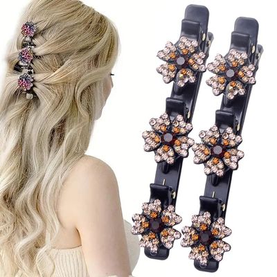 2 Pcs Sparkling Crystal Stone Braided Hair Clips, 2025 New Satin Fabric Hair Bands Rhinestone Four-Leaf Clover Hair Clip,Duck Bill Clips for Women Girls (C)