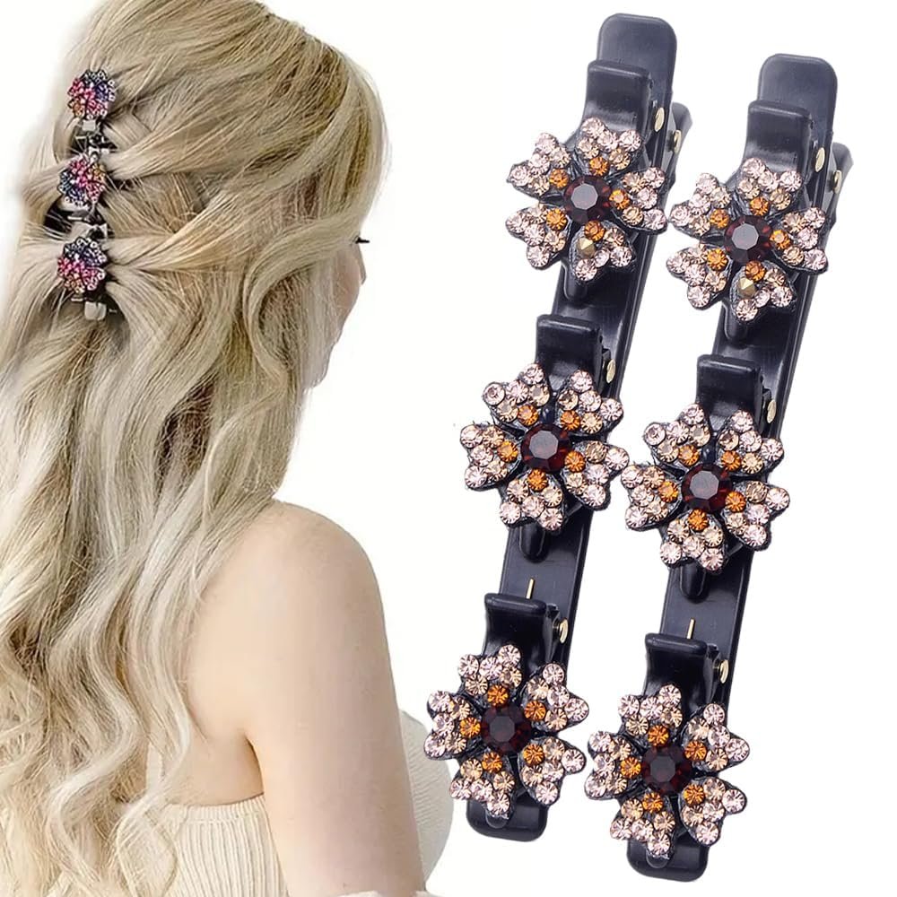 2 Pcs Sparkling Crystal Stone Braided Hair Clips, 2025 New Satin Fabric Hair Bands Rhinestone Four-Leaf Clover Hair Clip,Duck Bill Clips for Women Girls (C)