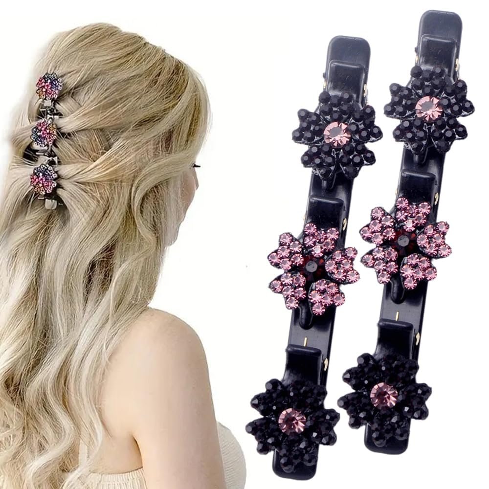 2 Pcs Sparkling Crystal Stone Braided Hair Clips, 2025 New Satin Fabric Hair Bands Rhinestone Four-Leaf Clover Hair Clip,Duck Bill Clips for Women Girls (D)