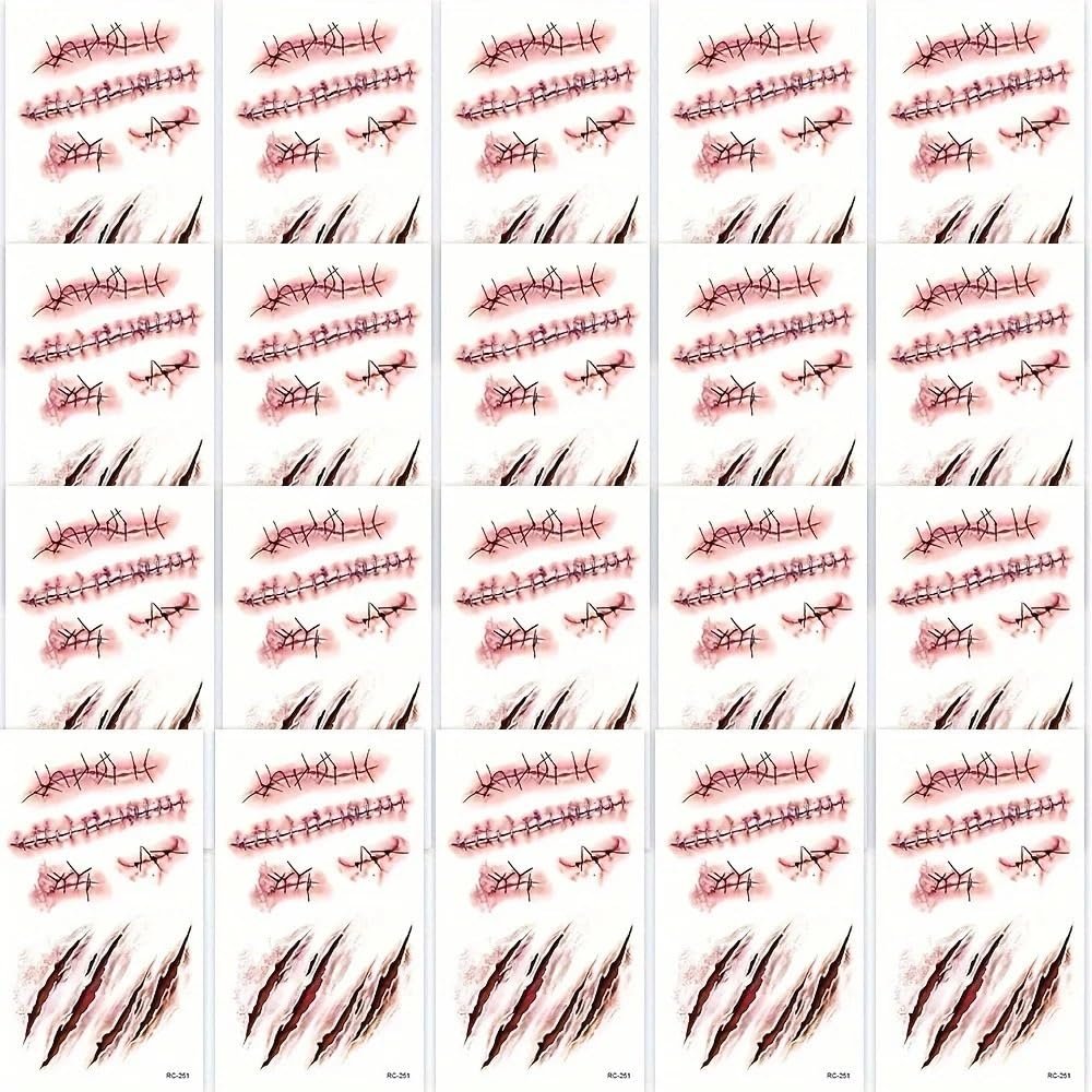 20 Sheets Halloween 3D Fake Scar Temporary Tattoos For Adults, Horror Fake Tattoos For Body Face