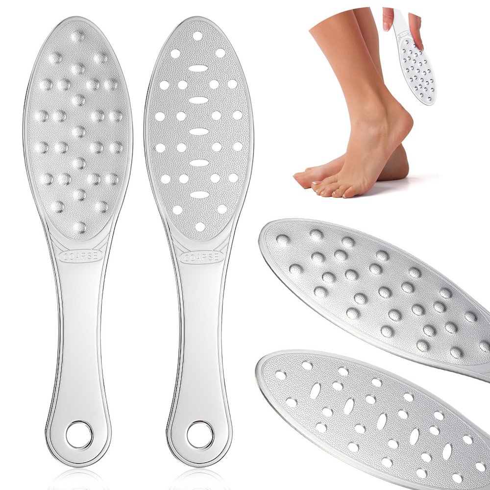 2 Pcs Stainless Steel Foot Scraper Metal Foot File Double Sided File Callus Remover Professional Feet Rasp Scrubber for Wet or Dry Skin Easy to Clean Pedicure Tool Heel (Combination Style)