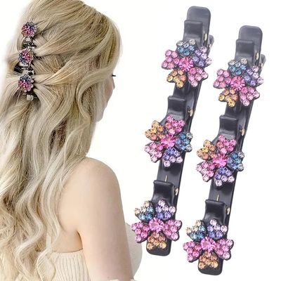 2 Pcs Sparkling Crystal Stone Braided Hair Clips, 2025 New Satin Fabric Hair Bands Rhinestone Four-Leaf Clover Hair Clip,Duck Bill Clips for Women Girls (A)