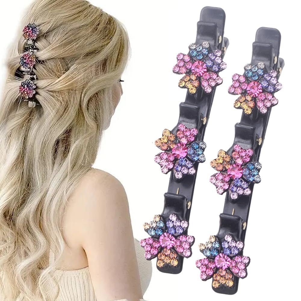 2 Pcs Sparkling Crystal Stone Braided Hair Clips, 2025 New Satin Fabric Hair Bands Rhinestone Four-Leaf Clover Hair Clip,Duck Bill Clips for Women Girls (A)