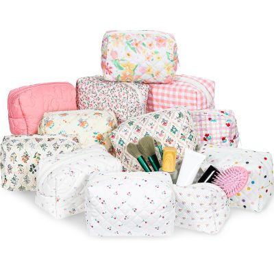 12 Pcs Cotton Quilted Makeup Bag for Women Girls Small Quilted Makeup Bag for Women Coquette Aesthetic Makeup Pouch Floral Cotton Cosmetic Bag Travel Toiletry Bag Organizer for Her Mom Friend Sister