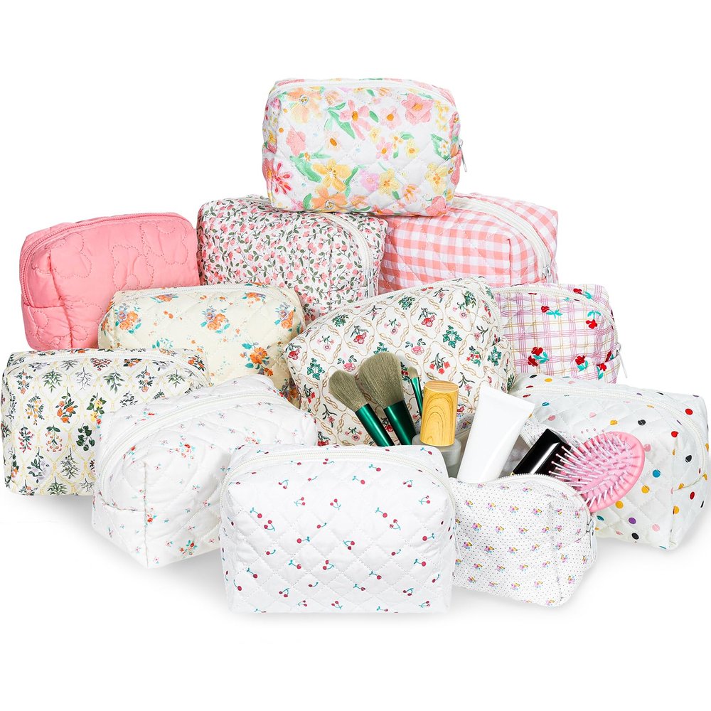 12 Pcs Cotton Quilted Makeup Bag for Women Girls Small Quilted Makeup Bag for Women Coquette Aesthetic Makeup Pouch Floral Cotton Cosmetic Bag Travel Toiletry Bag Organizer for Her Mom Friend Sister