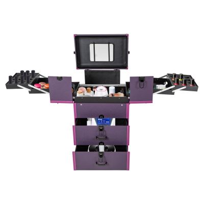 3 in 1 Professional Makeup Trolley Cart, Large Storage Rolling Makeup Case 4 Tray 2 Drawer, Lockable Cosmetic Train Case with Wheels, Salon Barber Case Traveling Cart for Hairstylist (Type B/Purple)