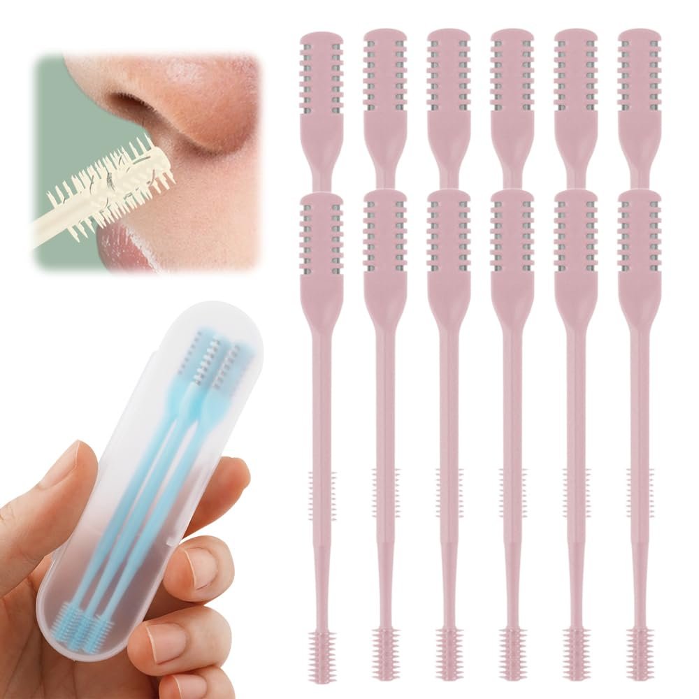 2-in-1 Nasal Hair Cutter, 2025 Upgrade 360 Rotating Nose Hair Trimmer with Double-Sided Blade & Ear Pick, Manual Nostril Hair Removal Tool for Men and Women, Soft Cleaning Brush (Pink, 12PCS)