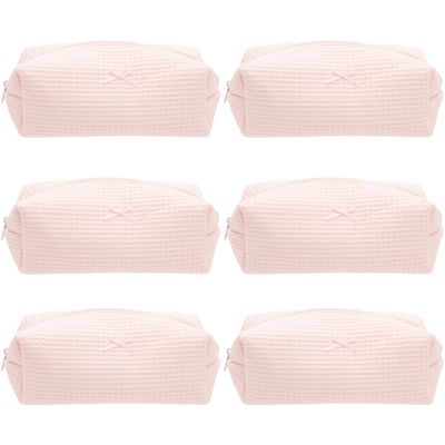 6PCS Cozy Makeup Bag Travel Cosmetic Bag for Women Soft Toiletry Bag Aesthetic Makeup Organizer Portable Large Zipper Pouch for Skincare Beauty Accessories Brushes Waffle Check Light Pink