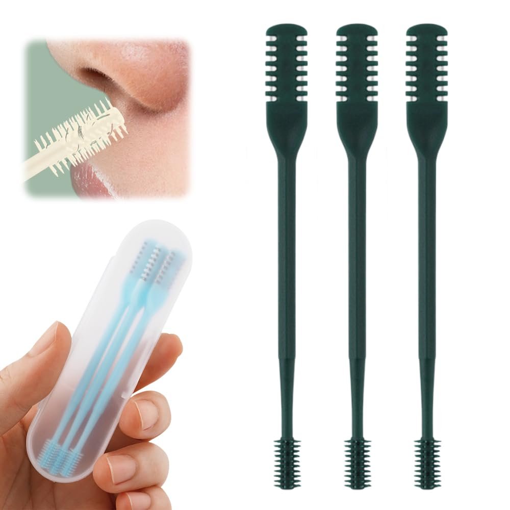 2-in-1 Nasal Hair Cutter, 2025 Upgrade 360 Rotating Nose Hair Trimmer with Double-Sided Blade & Ear Pick, Manual Nostril Hair Removal Tool for Men and Women, Soft Cleaning Brush (Dark Green, 3PCS)