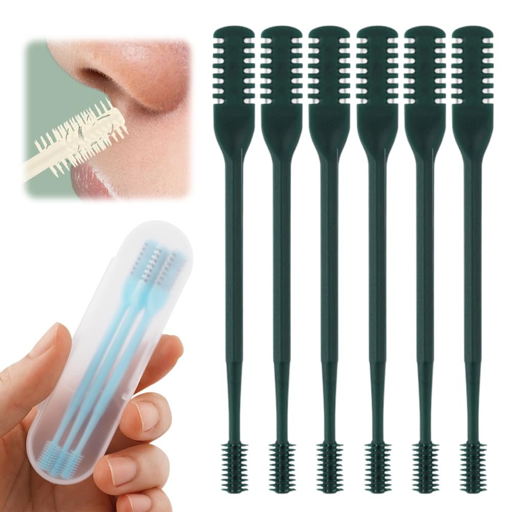 2-in-1 Nasal Hair Cutter, 2025 Upgrade 360 Rotating Nose Hair Trimmer with Double-Sided Blade & Ear Pick, Manual Nostril Hair Removal Tool for Men and Women, Soft Cleaning Brush (Dark Green, 6PCS)