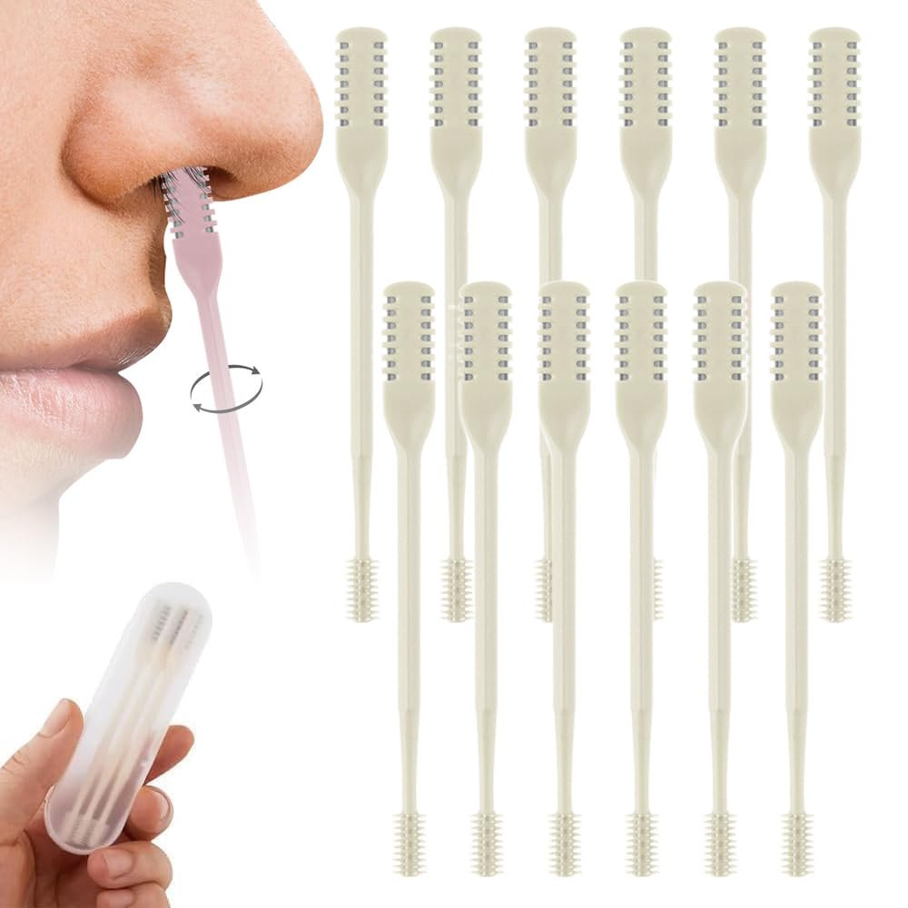 2-in-1 Nasal Hair Cutter, 2025 Upgrade 360 Rotating Nose Hair Trimmer with Double-Sided Blade & Ear Pick, Manual Nostril Hair Removal Tool for Men and Women, Soft Cleaning Brush (Beige, 12PCS)
